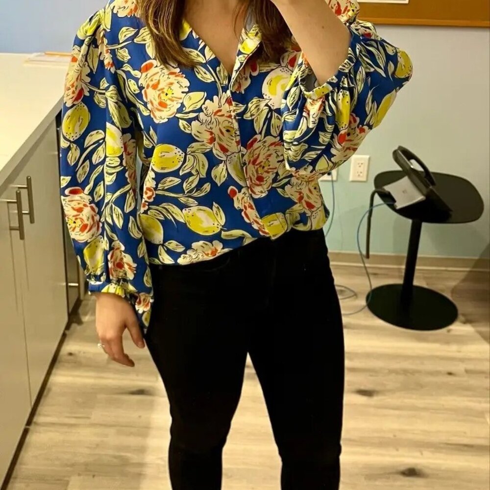 Hunter Bell Finley Lemon Floral Silk Blouse Size M